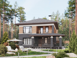 Проекты домов Альфаплан - "Отрадное" - дизайн дома в стиле Райта, с террасой на главном фасаде - превью основного изображения